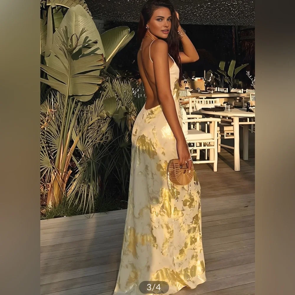 Metallic Print V-Neck Backless Slip Long Dress Commense CM4 size XS - Picture 3 of 9